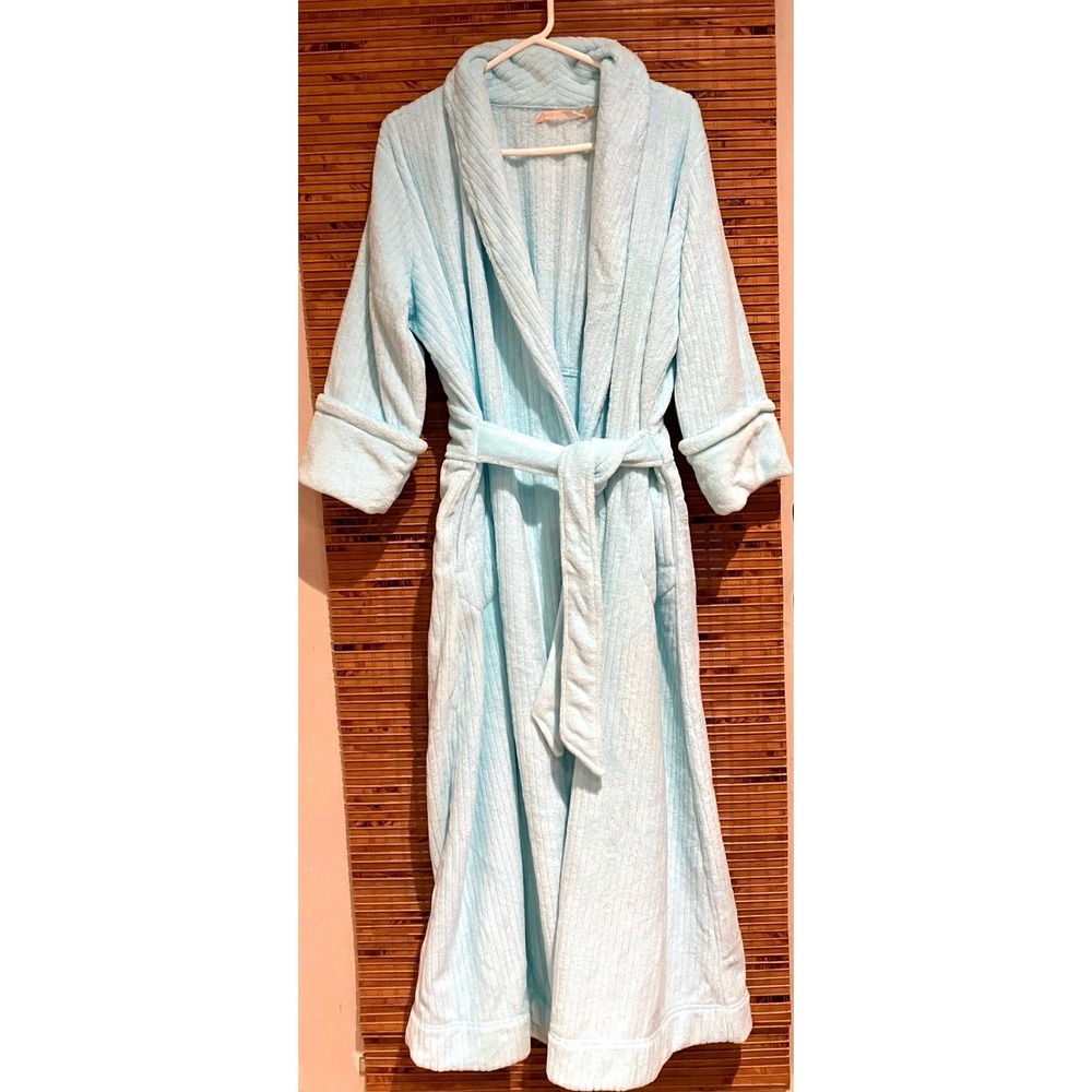 Soft Surroundings Light Blue Ribbed Plush Fleece Robe Shawl Collar Large 23427